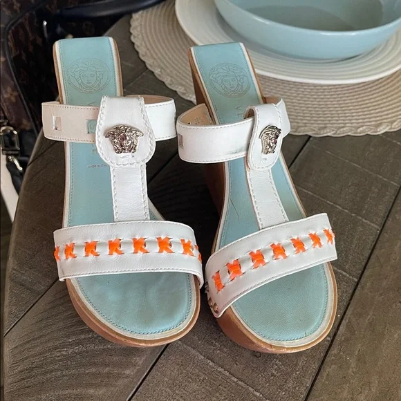 Versace Beige Leather Wood Platform Wedge - Picture 6 of 10